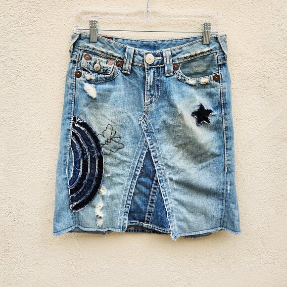 Vintage True Religion Y2K Patchwork Denim Skirt - Picture 2 of 6